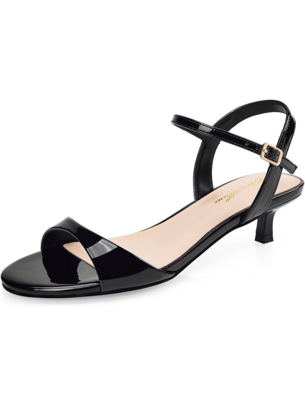 Women's Black Patent Round Open Toe 1.5 Inch Low Heels Ankle Strap Heel Sandals